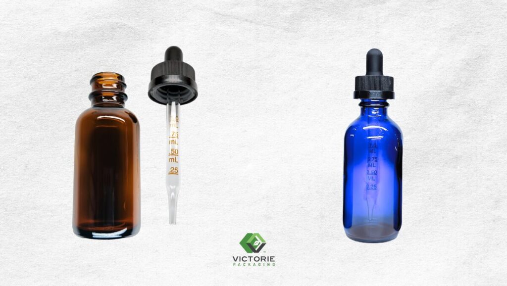 pipette sizing blog featured. dropper bottles - amber bottle and cobalt blue bottle with properly size dropper pipette.