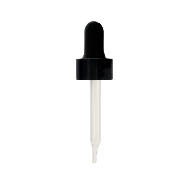 20400 black smooth non crc dropper with shiny black bulb, straight tip glass pipette for 1oz and 2oz boston round glass bottle (1)