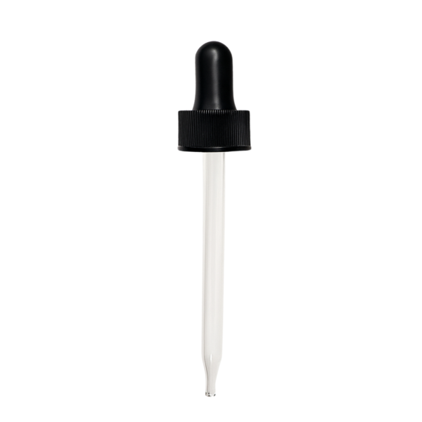 24400 black ribbed non crc dropper with matte black bulb, straight tip glass pipette for 4oz boston round glass and PET bottle