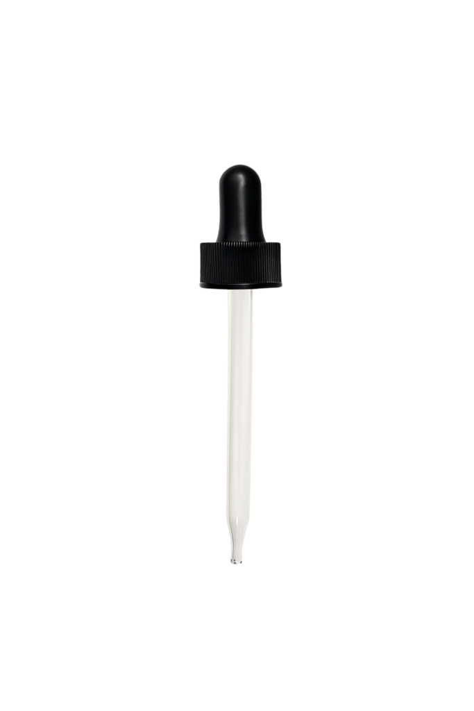 24400 black ribbed non crc dropper with matte black bulb, straight tip glass pipette for 4oz boston round glass and PET bottle