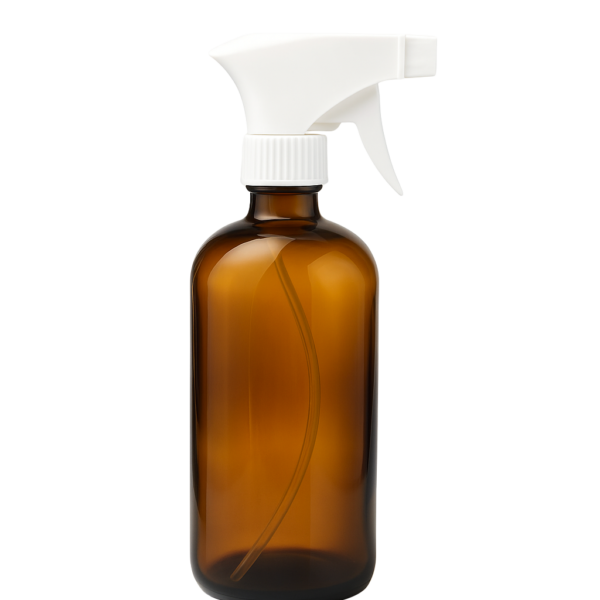 Amber Boston Round Glass Bottle with white trigger sprayer