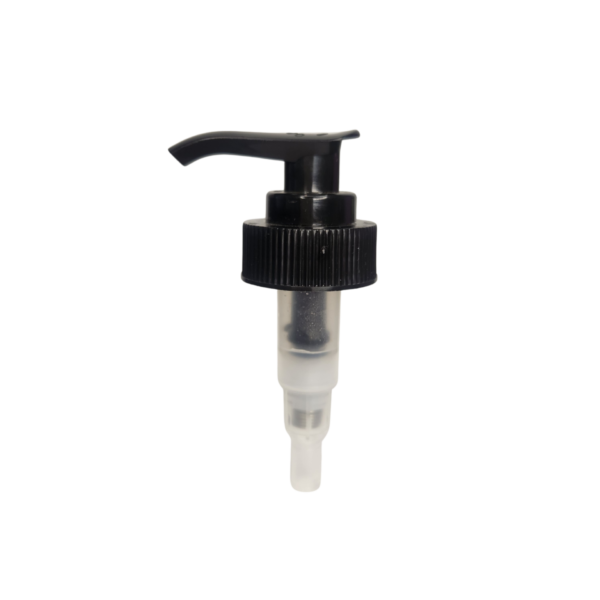 28/400 Black Ribbed Lotion Pump with 2cc output and a 165mm dip tube, featuring a secure down-lock design. Perfect for 16oz plastic bottles and ideal for dispensing lotions, soaps, gels, and other medium-viscosity products.