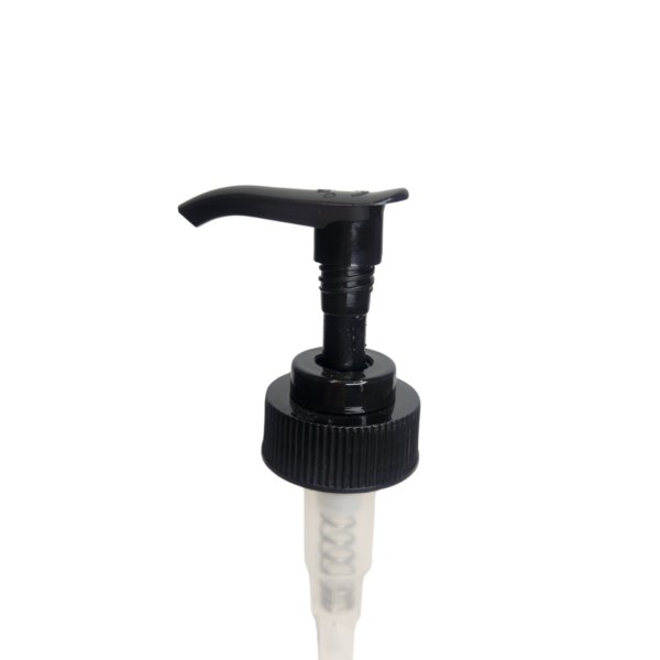 28/400 Black Ribbed Lotion Pump with 2cc output and a 165mm dip tube, featuring a secure down-lock design. Perfect for 16oz plastic bottles and ideal for dispensing lotions, soaps, gels, and other medium-viscosity products.